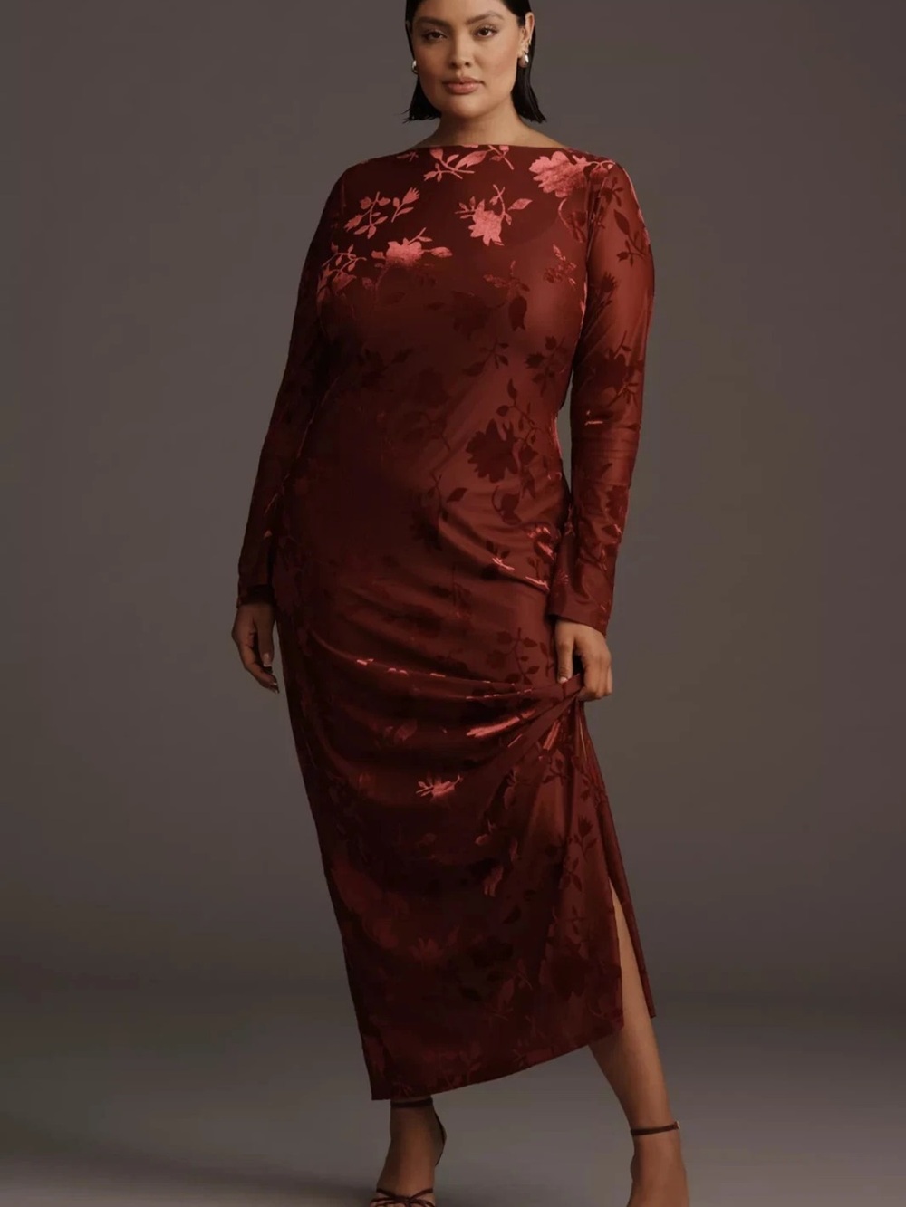 Anthropologie Burgundy Floral Satin Long-Sleeve Maxi Dress